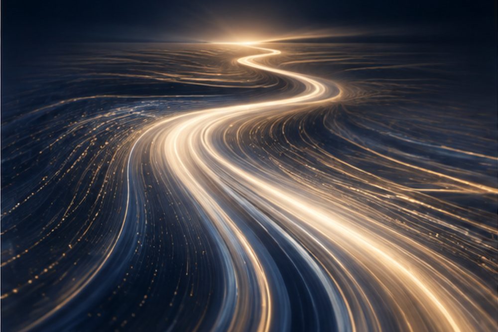 Rivière de lumière serpentant vers l'horizon — une intégration devenue fluide