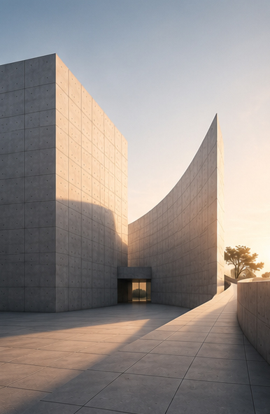 Architecture de béton aux volumes nettement articulés — l'alignement comme architecture