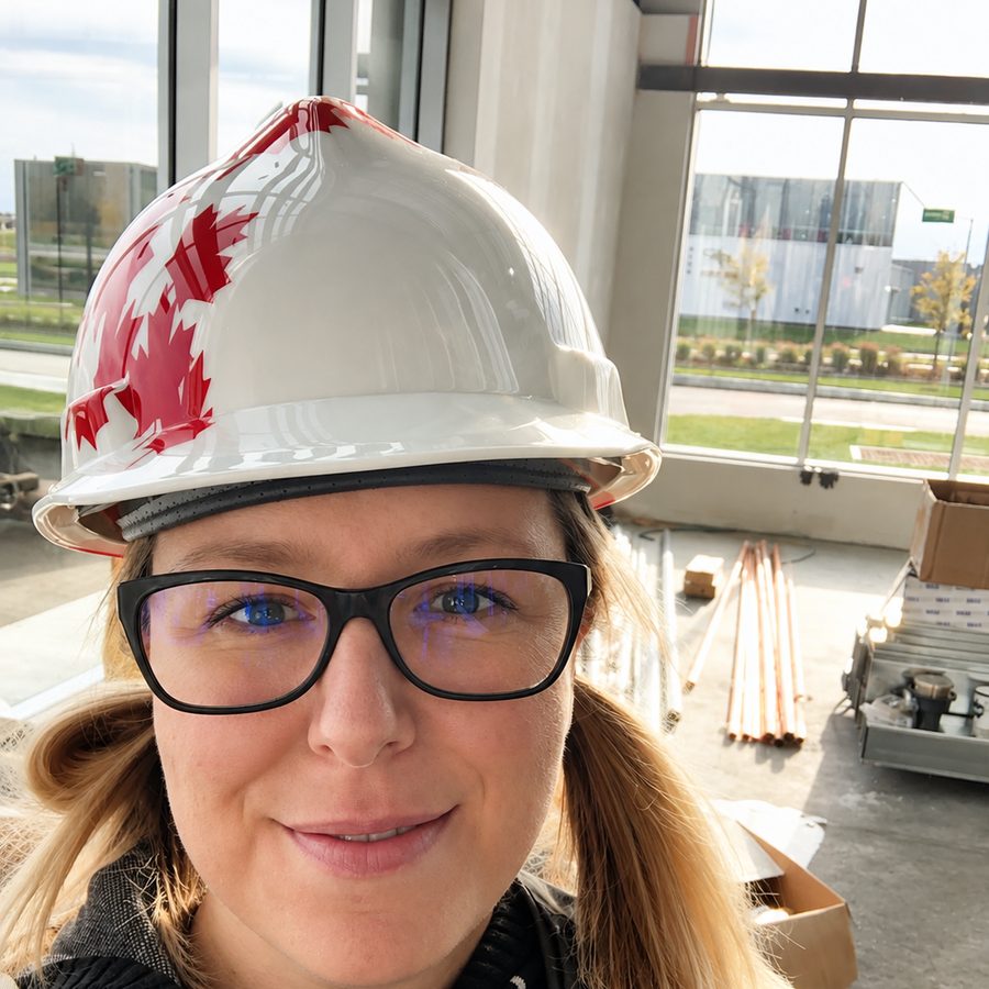Priscilla Alarie, casque de chantier sur la tête, sur un chantier de construction